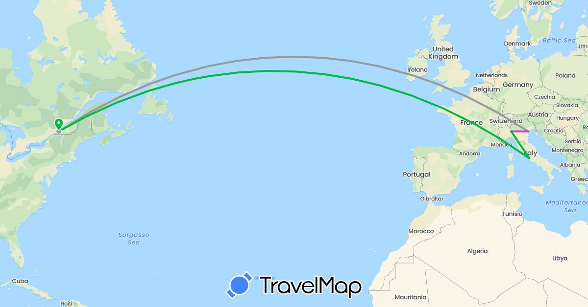 TravelMap itinerary: driving, bus, plane, train in Canada, Italy (Europe, North America)